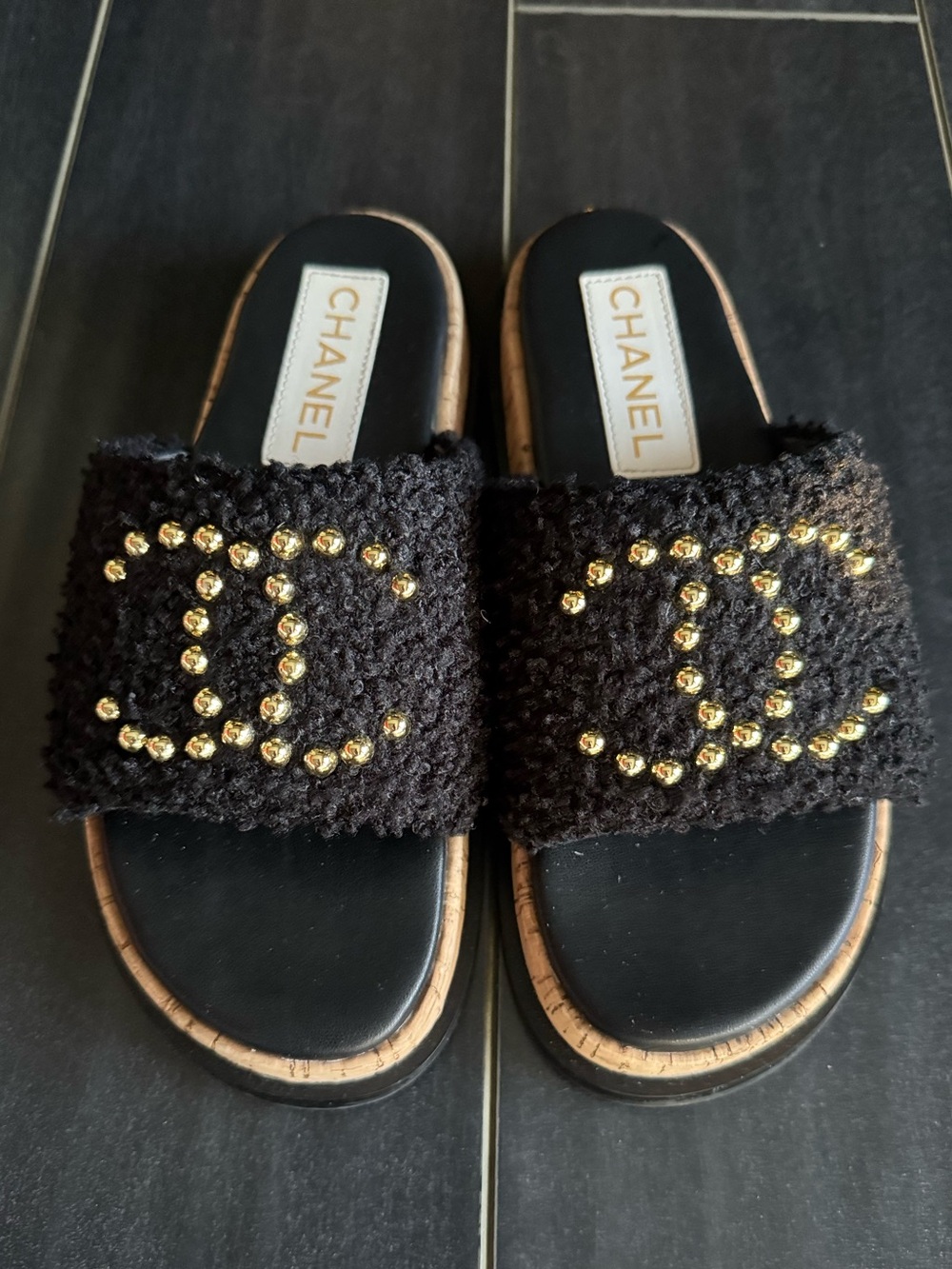 CC Logo Designer Black Tweed Cork Slide Sandals size 39